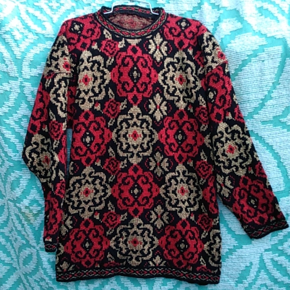 Rich Vintage Metallic Gold Holiday Sz XL 2X Christmas Red Sweater